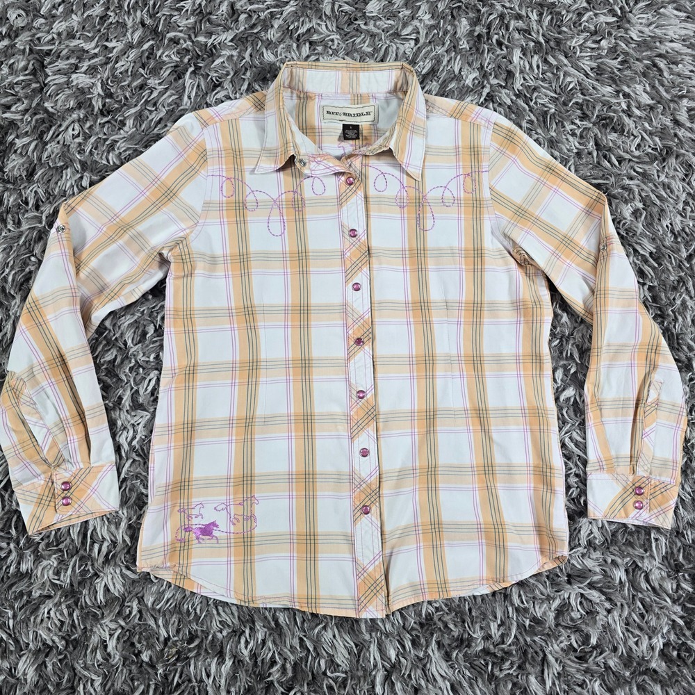 Bit & Bridle Women Orange Plaid Western Snap Button Shirt Embroidered Horses S